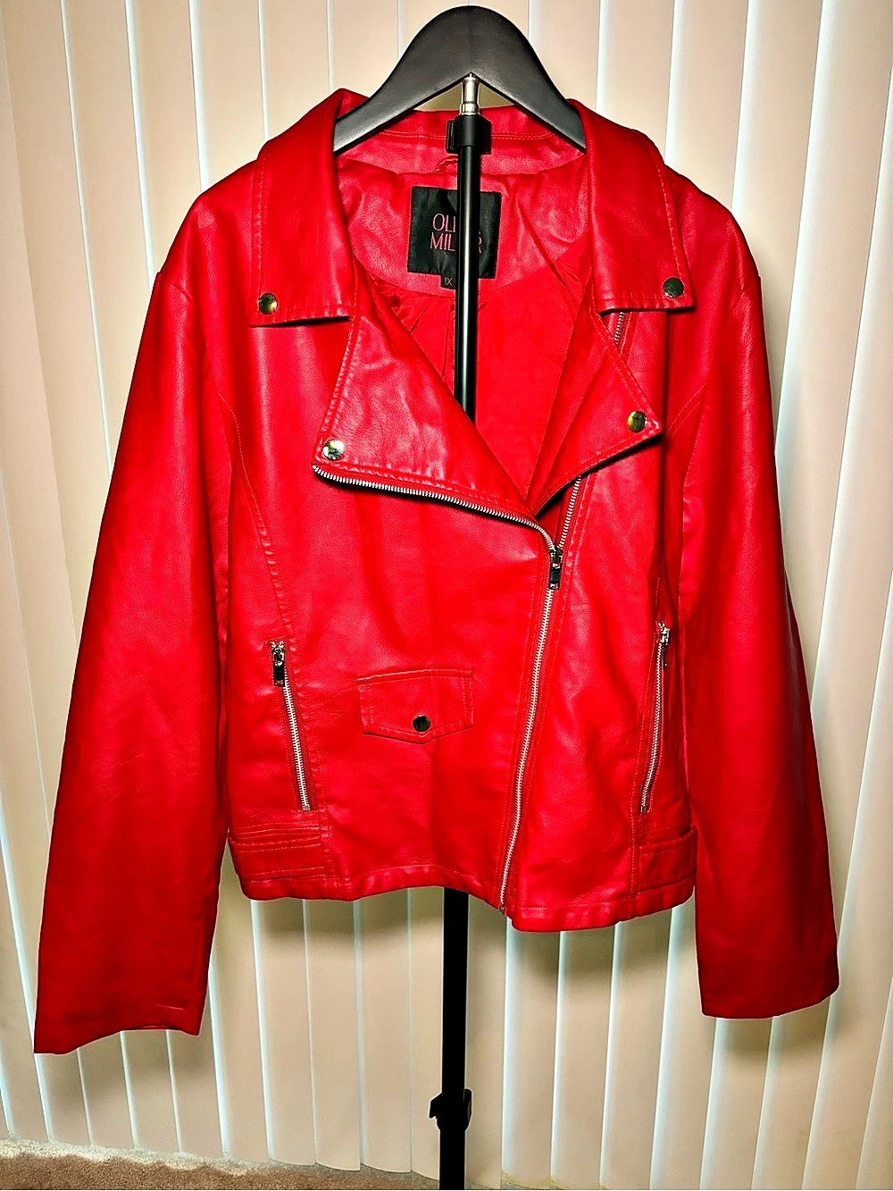 Olivia Miller Women's Faux Leather Moto Biker Jacket Red 1X